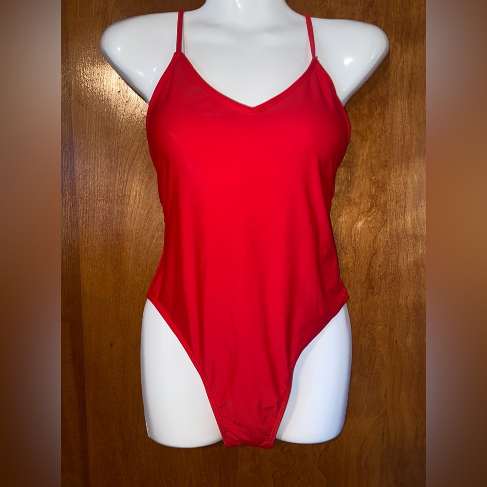 2/$30  Women's Red Cross-back V-Neck One‎ Piece Swimsuit, Adjustable, Size Small